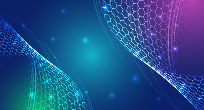 Abstract futuristic background with flowing hexagon mesh waves in blue, cyan and purple light, symbolizing digital networks, data streams and modern high-tech innovation.