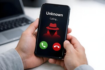 Phone screen showing a phishing scam call from an unknown number. Concept of digital fraud, cybercrime, identity theft, mobile security alert, and online privacy protection.