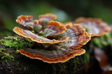 Forest floor scene showing vibrant turkey tail brackets on weathered wood