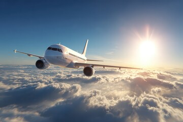 An airplane soaring majestically through the sky, above the clouds and towards the radiant sun