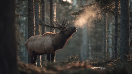 Fototapeta premium Forest wildlife moment: elk bugle amid morning fog and sunlit trees