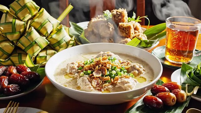 Traditional Southeast Asian breakfast with steaming hot porridge and various side dishes