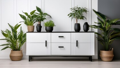white cabinet with black hardware and green plants a classic and elegant design for a modern home