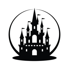 a silhouette castle graphic inside a circle simple black and white design