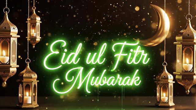 Eid ul Fitr Mubarak greeting with hanging lanterns and crescent moon for Islamic greeting card
