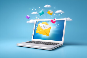 Digital communication concept with envelopes floating from laptop display in a cloudy sky