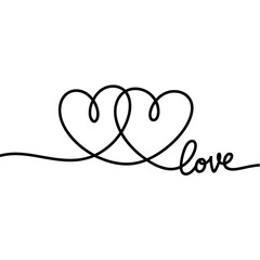 minimalist line art depicting two hearts intertwined and the word love
