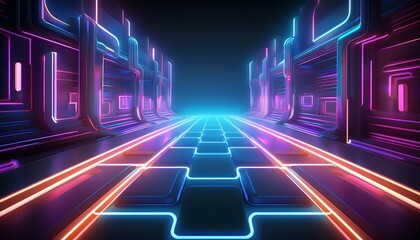 neon lights illuminate a futuristic abstract platform creating a vibrant and energetic atmosphere