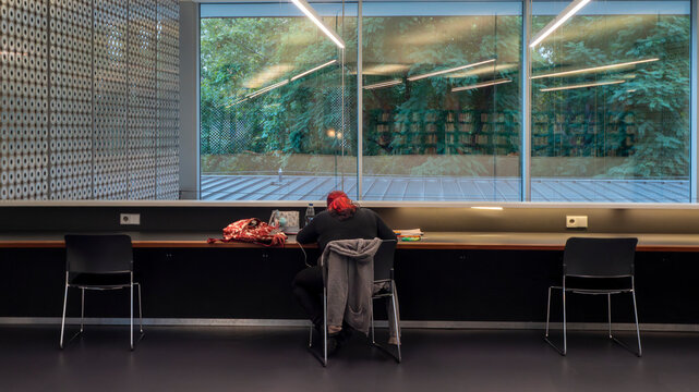 Chica joven estudiando en la biblioteca
