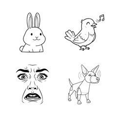 A whimsical collection of black-and-white illustrations featuring a smiling rabbit, a singing bird, a surprised human face, and a playful dog with exaggerated features.