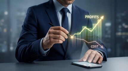 Businessman analyzing rising profits and falling costs a digital graph projected above a smartphone in a modern office setting 4k video