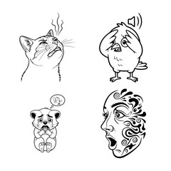 A whimsical collection of black-and-white drawings featuring a cat, a bird, a pensive animal, and a stylized face expressing surprise or fear with intricate patterns