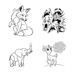 A whimsical illustration featuring a surprised fox, an explosive expression, a playful elephant, and a dazed deer with a hypnotic spiral above its head