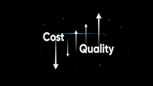 Conceptual graphic showing cost decreasing with rising quality represented by arrows on a dark background with blue light effect