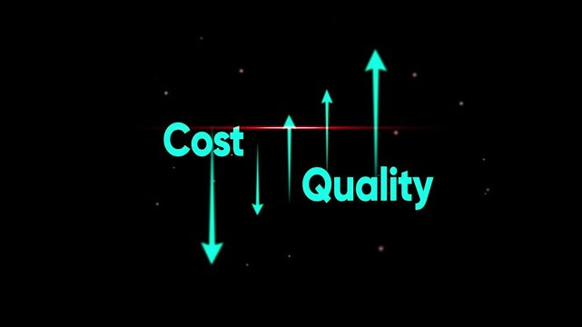 Conceptual graphic showing cost decreasing with rising quality represented by cyan arrows on a dark background with red light effect