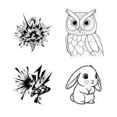 A collection of four intricate black-and-white illustrations featuring a detailed owl, a fluffy rabbit, and two abstract explosive designs