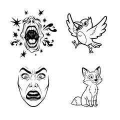 A black-and-white illustration featuring four distinct characters: a screaming face surrounded by stars, a bird in mid-flight, an angry human face, and a sitting fox