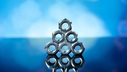 hex nut metal durable concept shiny metal nuts stacked on a reflective surface with a blurred blue background