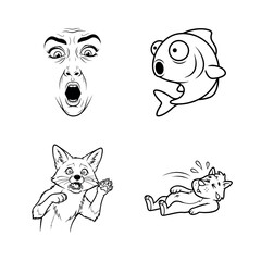 A black and white illustration featuring four distinct characters: a shouting man, a surprised fish, a grinning fox holding a microphone, and a startled cat falling backward in a comedic scene.