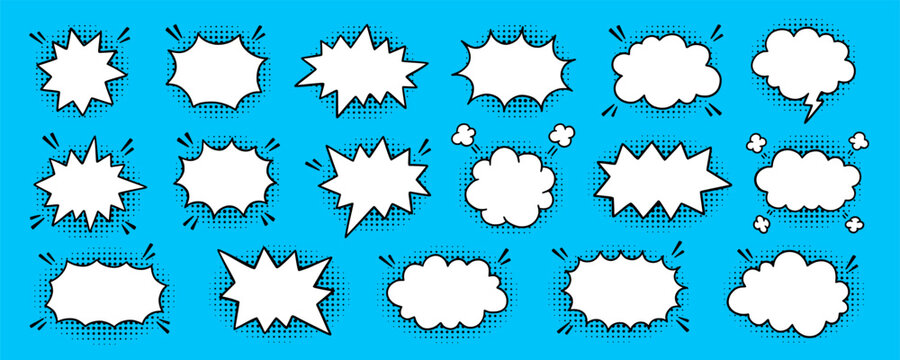 Comic speech bubble doodle set. Explosion and exclamation cartoon elements, pop art outline frames and manga speech balloon in sketch style. Hand drawn vector illustration isolated on blue background