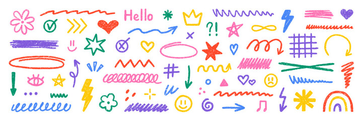 Crayon kids scribble elements, brush lines doodle set. Chalk pencil shapes, check marks, arrows, stars and hearts in sketch style. Hand drawn vector illustration isolated on white background