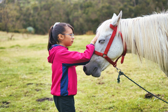 Young girl caressing white horse in green meadow