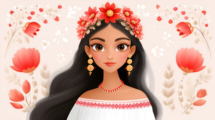 Elegant portrait of ukrainian woman with floral headpiece and earrings on beige floral background