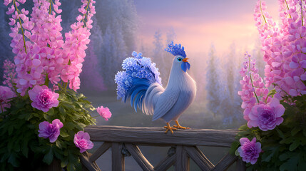 Enchanting blue rooster on rustic fence in flower garden at sunrise