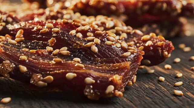 Sweet dried dates with sesame seeds on a rustic wooden surface for healthy snacking