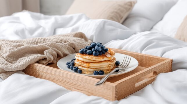 Stack of fluffy blueberry pancakes served on white plate in wooden tray on bed setting. Cozy breakfast in bed scene with fresh berries and homemade comfort food concept
