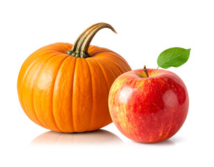 Obraz premium Bright orange pumpkin with a ribbed surface placed beside a shiny red apple with a green leaf on a white background, highlighting vibrant color contrast, freshness, and autumn harvest themes.