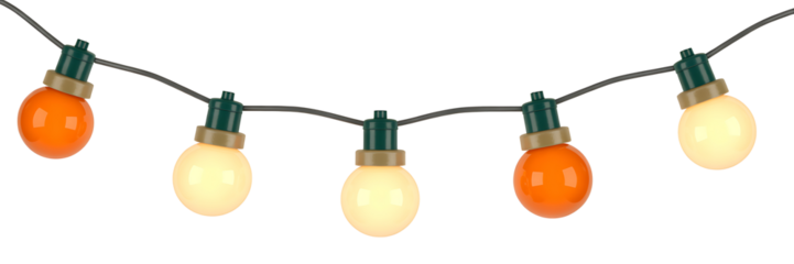 Festive string lights with five round bulbs in orange and warm white colors hanging on wire on transparent background party decoration