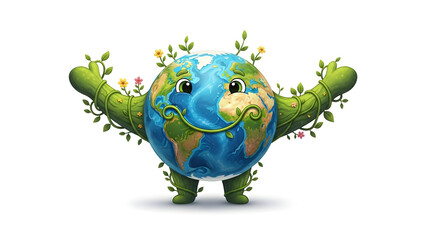 Happy Earth Planet Mascot with Vine Arms and Flowers, Environmental Conservation Illustration