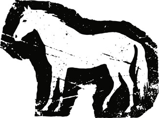 Black and white grunge print of standing horse silhouette with textured distressed