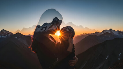 Sunset behind mountains with a glass shard
