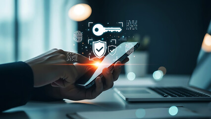 Mobile Security Authentication Concept with Smartphone, Digital Key, Shield and Fingerprint Technology