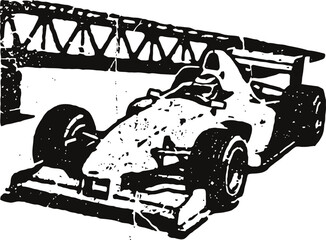 Obraz premium Formula one racing car illustration in black and white with vintage textured