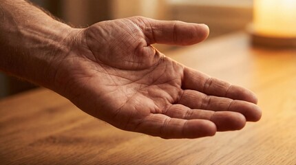 open empty hand palm reaching out for help, support and kindness, human hand offering gesture on wooden table background, generosity and hope concept, person asking for charity, giving and receiving.