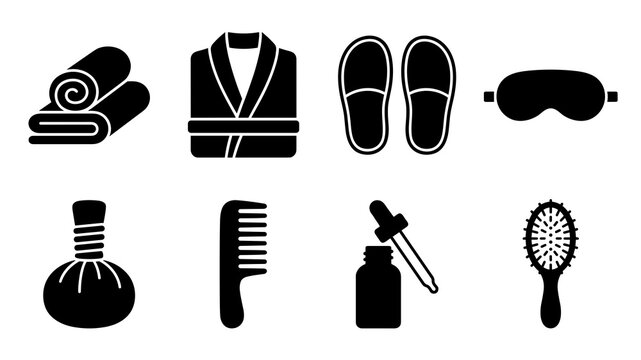 Spa and wellness icon set featuring bathrobe towels slippers sleep mask herbal compress comb and hairbrush