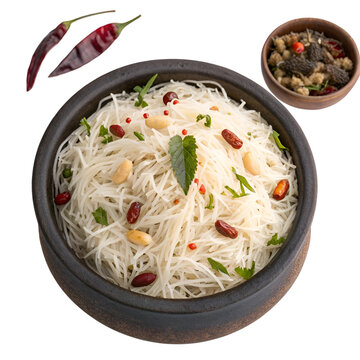 Top View of Indian Rice Sevai in Earthen Bowl Isolated on Transparent Background