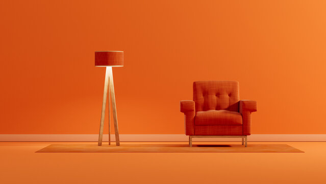 Bright orange space with armchair and lamp for simple setup