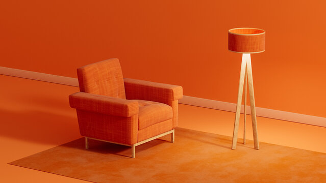 Bright orange interior with armchair and lamp in simple decor
