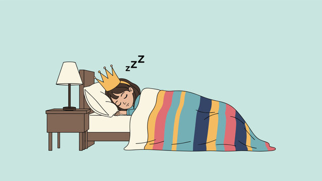 Young girl wearing a golden crown sleeps peacefully in her bed under a colorful striped blanket on a light teal background.