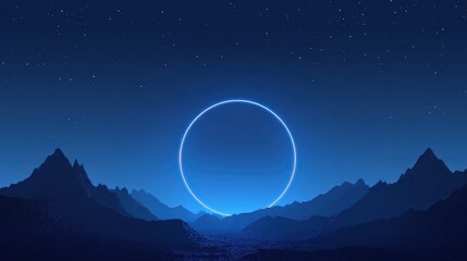 Futuristic nightscape featuring a cobalt neon ring hovering over rugged peaks and a dynamic star field