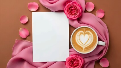 Pink background featuring a cappuccino cup with rose flowers and petals around central white space