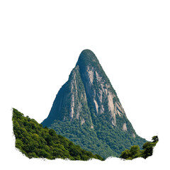 Majestic jagged mountain peak covered in lush green vegetation isolated on transparent background