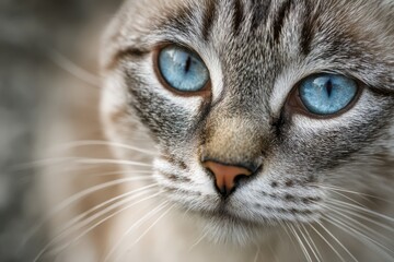 Obraz premium Gaze of a blue-eyed feline: close-up cat portrait with focused eye contact
