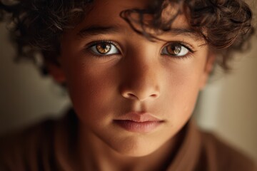 Gaze of hazel eyes: intimate portrait of a boy with warm tones and gentle expression