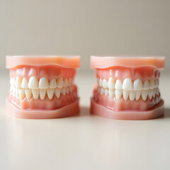 Obraz premium Two dentures with prosthetic teeth and gums. Close-up dental study.