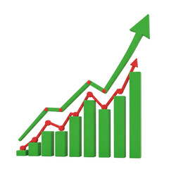 Green bar chart with upward trending arrow and red line graph isolated on transparent background